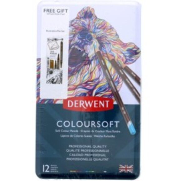 Derwent Coloursoft 12-Count Soft Colored Pencils + Free Illustration Pen Set NWT - Picture 1 of 6